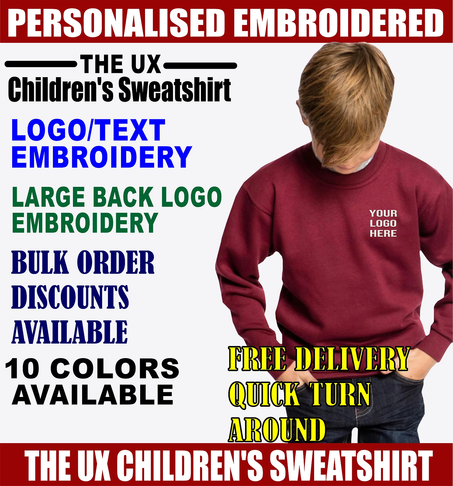 Personalised Embroidered Logo Uneek UX07 Children's Sweatshirt, Casual Wear