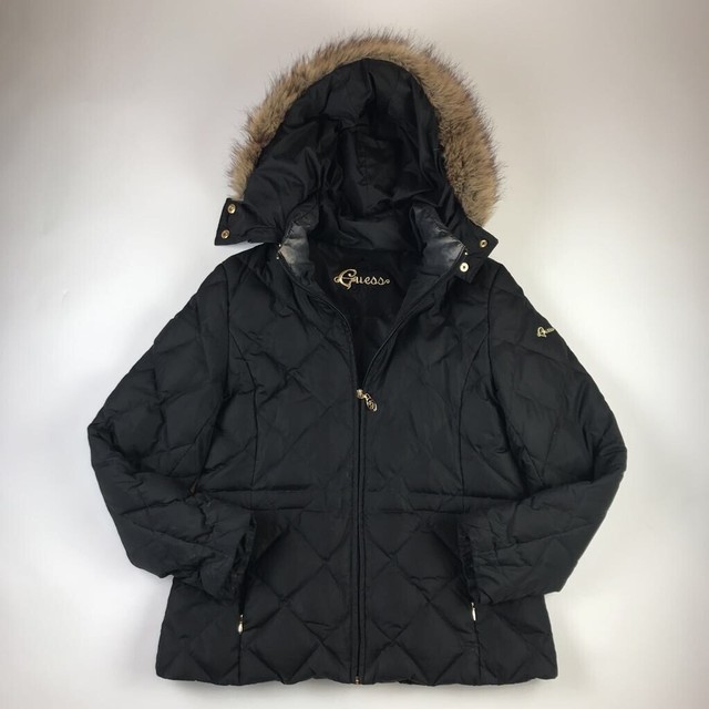 guess long down jacket with faux fur