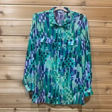 Allison Daley Sheer Button Down Blouse Abstract Print L/S Smocked Back Size 16