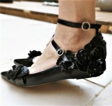 ZARA BALLERINE IN PELLE NERA CON CINTURINO E DETTAGLIO FLOREALE TAGLIA UK 6 EU 39 USA 8