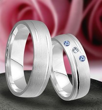 2 Silber 925  Trauringe mit echten Blautopas und echten Diamant & Gravur J66-3BD