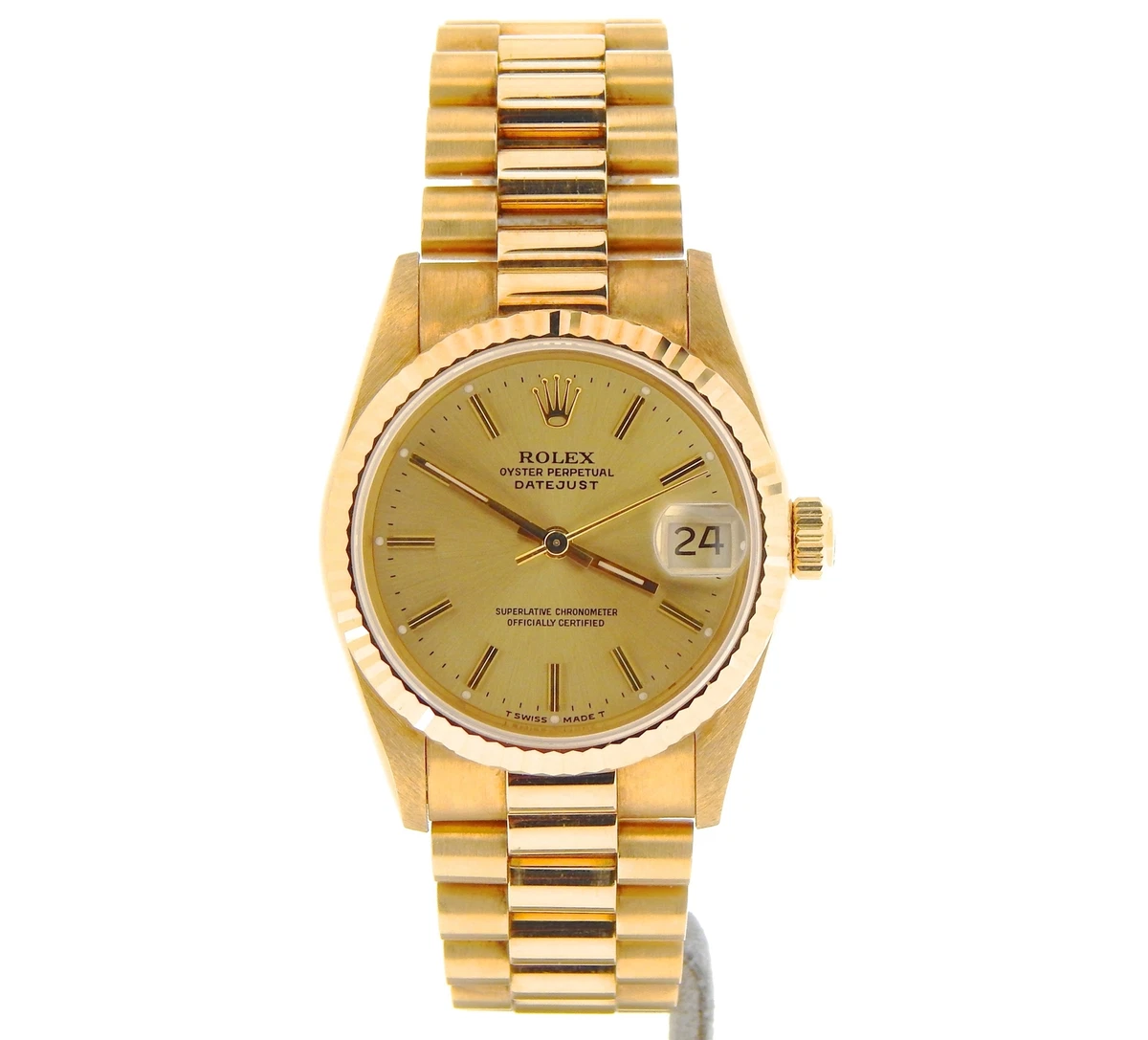 Midsize Rolex Datejust President Solid 18K Yellow Gold Watch Champagne 68278