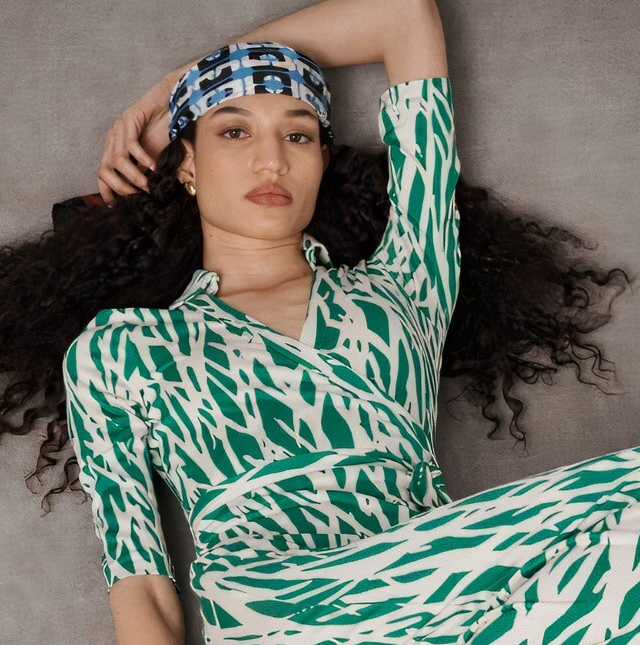 green emerald velvet dress Diane Von Furstenberg DVF Wrap Dress In Windsor Floral Palm Green Prin   House Of Huntington