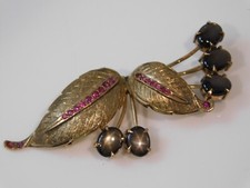 Déco 18k or Jaune Rubis Rouge Saphir Etoile Feuille Fleur Vintage Broche