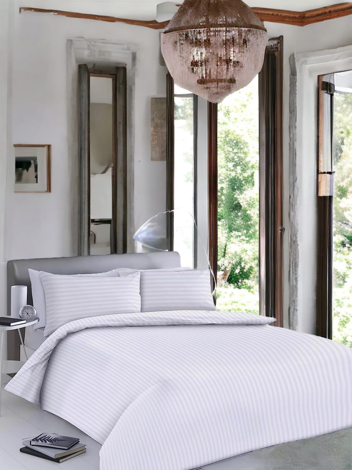 100 P COTTON STRIPE DUVET QUILT COVER SET SINGLE DOUBLE KING SIZE