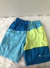 Champion Swim Trunks-Mens Sz S Bathing Suit Lined Shorts Aqua Neon Yellow Vtg