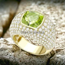 Peridot Cushion Cut With 925 Sterling Silver Gold Plated Ring For Men's #880