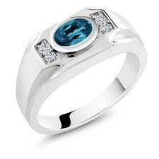 Men's 925 Sterling Silver London Blue Topaz and White Topaz Ring for Men 1.46