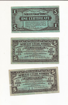 Vintage Schulte Cigar Stores Certificates Profit Sharing Set of Three 1920's