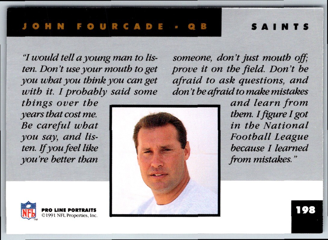 1991 Pro Line Portraits John Fourcade #198 New Orleans Saints Football Card