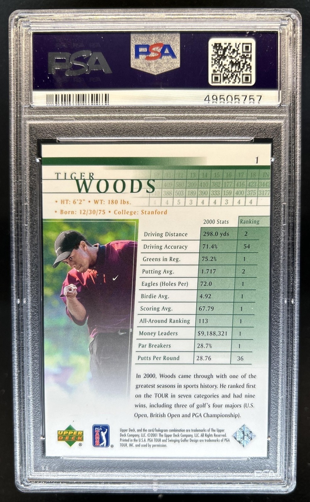 2001 Upper Deck Tiger Woods Rookie RC #1 PSA 10 GEM MINT view 2