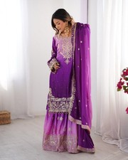 PURPLE LILAC GHARARA SHARARA READYMADE PUNJABI SUIT PLAZZO MOTI SALWAR KAMEEZ