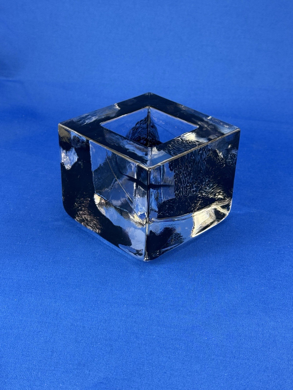 Kosta Boda Glass Brick Cube Square Candle Holder Black Etched Collectible Art