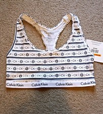 Calvin Klein Bralette Racerback Pullover Wireless Logo Band Geo S White/Black