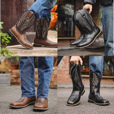Mid-Calf Retro Western Cowboystiefel Herren Schuhe Kunstleder Stickerei Stiefel
