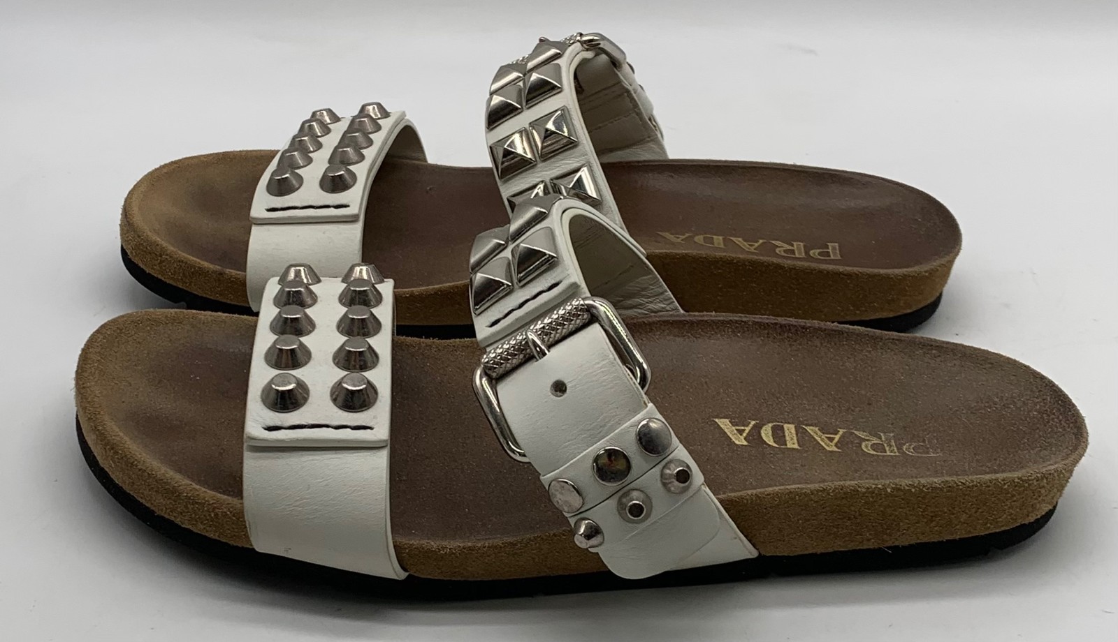Prada Womens White Leather Studded Double Strap Slide Sandals sz 39.5 thumbnail 3