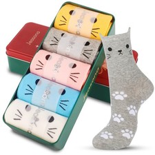 Jeasona Women  s Ankle Socks 5 Pairs UK 4-7 Cotton Cat Gift Tin Set