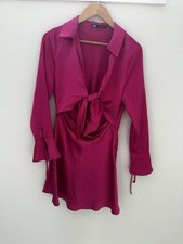 ZARA Pink Tie Front Collared Mini Dress M Bell Sleeve Lightweight Long Sleeve