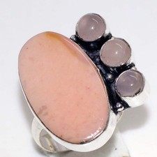 Classic Peruvian Pink Opal Rose Quartz 925 Silver Plated Ring US 9 MJ