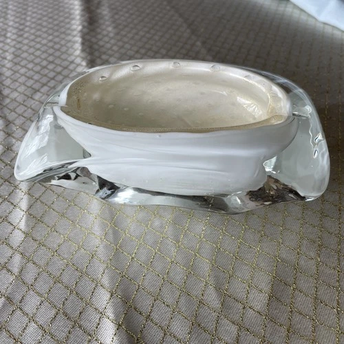 Vintage Ashtray Murano Glass?  Heavy Glass White Gold Flecks Mid Century Retro