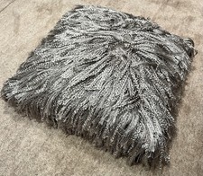 Next Silver Shaggy Tassel Cushion - Sequin & Braided Detail - 43cm 17"