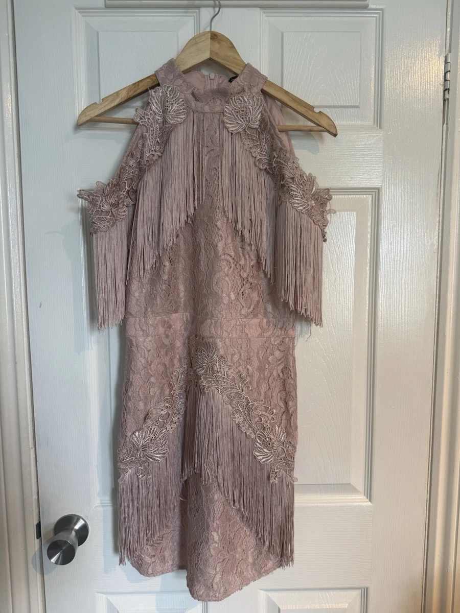 dusty pink cold shoulder lace tassel trim bodycon dress Date JWISI