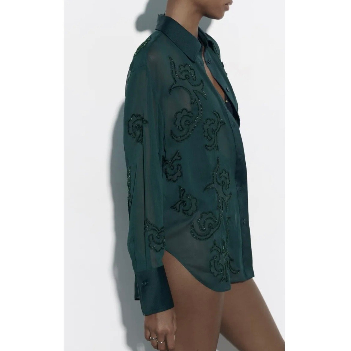Zara Womens Semi Sheer Beaded Embroidered Blouse Size S Dark Green Button Up image 8