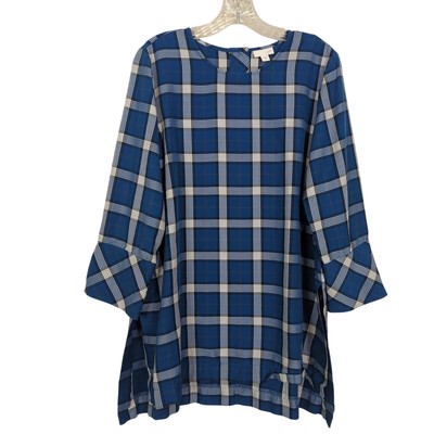 J Jill Atlantic Plaid Tunic Top High Low blue white gray 3/4'' sleeves size M