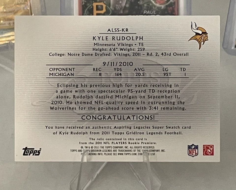 Camisetas 2011 Topps Legends Aspiring Legacies #ALSS-KR Kyle Rudolph RC 30/99 RC Foto 3 de 4