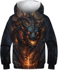 Black Dragon Hoodie Gothic Fantasy Pullover Sweatshirt with Fiery Design
