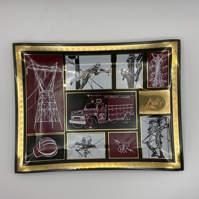 #ad Vintage MCM Electric Company Lineman Commemorative Glass Tray $50.00