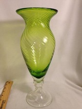 Murano Green Swirl Optic Design Hand-Blown Height 12 1/2" Italy Art Glass Vase