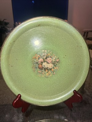 Green Metal Tray Plate with Flowers Bouquet Flower VTG Gold Trim 10  Holland