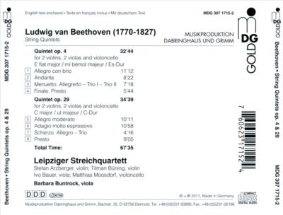 LEIPZIG STRING QUARTET / BARBARA BUNTROCK BEETHOVEN: STRING QUINTETS OP. 4 & 29 