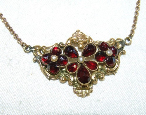 Collier - Kette Granat und Saatperlen Biedermeier 19. Jh. Schaumgold vergoldet - Bild 10 von 13