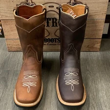 MEN'S WORK WESTERN BOOTS BULL DOG TOE LEATHER SHAFT WITH LEATHER STRIP ON SHAFT 