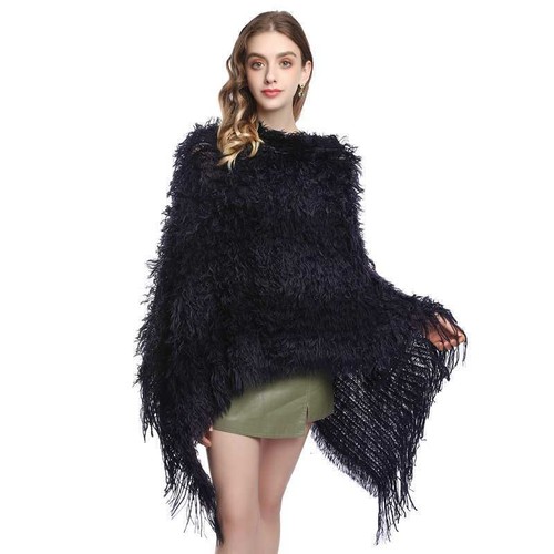 Women Faux Fur Cape Cloak Fluffy Shawl Pullover Tassel Poncho Wrap Warm Top - Picture 10 of 13