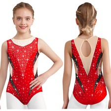 Kids Girls Bodysuit Sparkling Dancewear Practice Jumpsuit Unitard Metallic Back