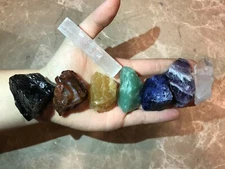 Large Chakra Stones Set: 7 Rough Crystals & Raw Selenite 3/4 Lb+ (CHARGED ROCKS)