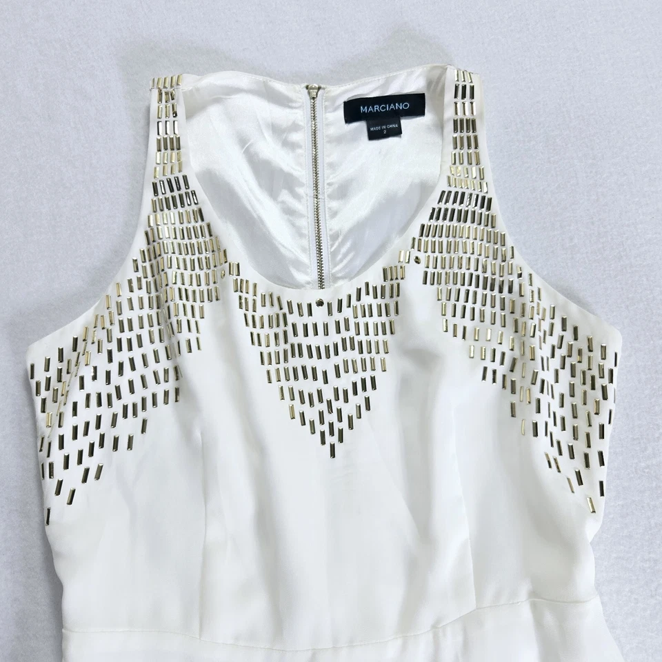 Vestido Marciano Talla 2 Mujer Funda Cóctel Cuentas Doradas Forrado Cremallera Marfil Corto Foto 3 de 4