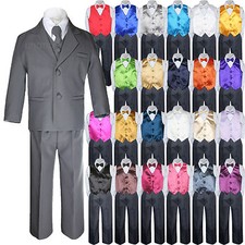 7pc Boy Kid Teen Dark Grey Formal Wedding Party Suit Tuxedo color Vest Bow Tie