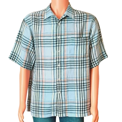 Daniel Cremieux Plaid Linen Shirt M Blue Short Sleeve Button Down Front Pocket - Picture 2 of 4