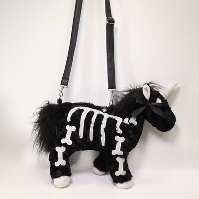 Skeleton Unicorn Crossbody Handbag S Black Plush Fuzzy Furry
