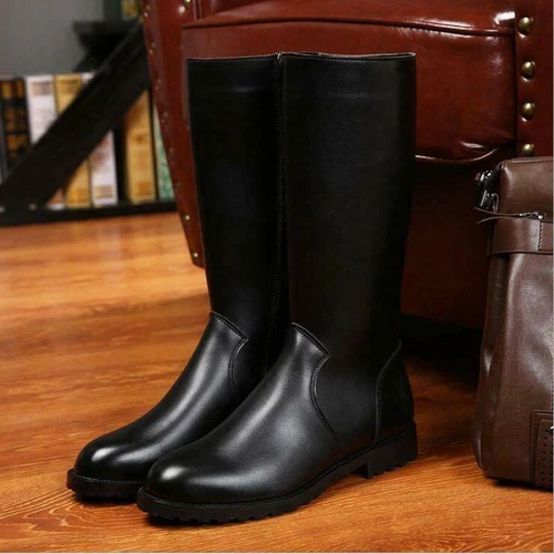 Herren Schwarz Leder Kniehoch Reitstiefel Runde Spitze Seitlicher Reißverschluss Kampfschuhe Größe - Bild 7 von 12