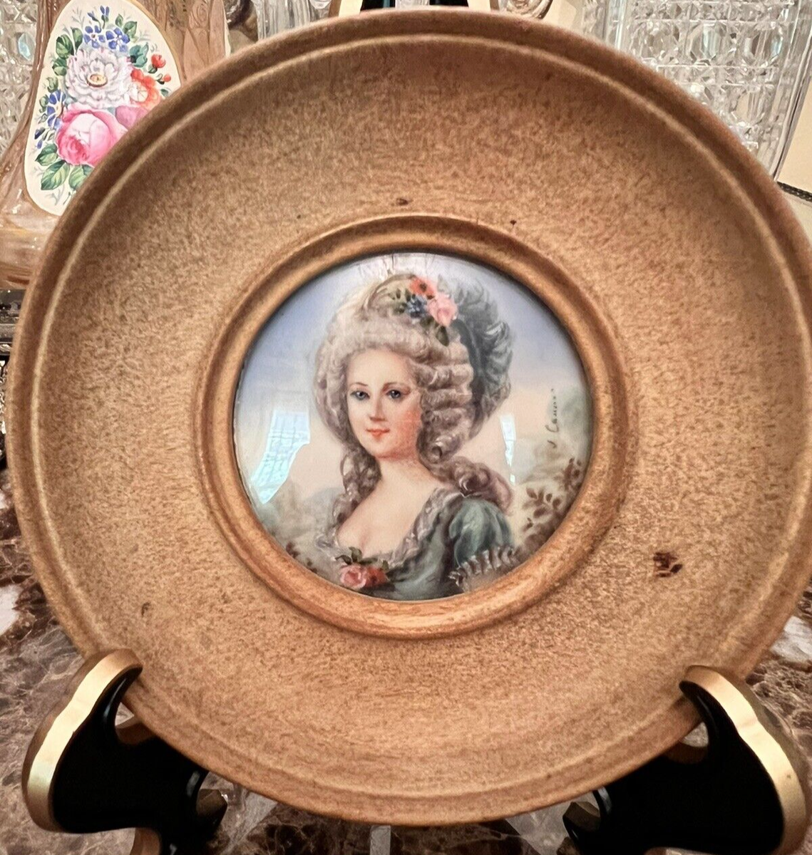 Pair VTG/Antique France Painted Portrait Lady Signed Convex Gold