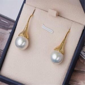 12-13mm White Baroque Pearl Earrings 18k Ear Drop Hook AAA Earbob Natural
