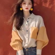 Vintage Women Shirt Korean Clothing Loose Long Sleeves Top Fashion Blouses