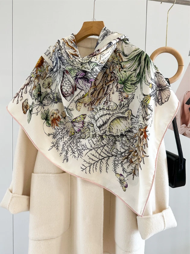 70% cashmere 30% silk Underwater Worldr double sided print square Wrap shawl 53" - Image 2 of 4