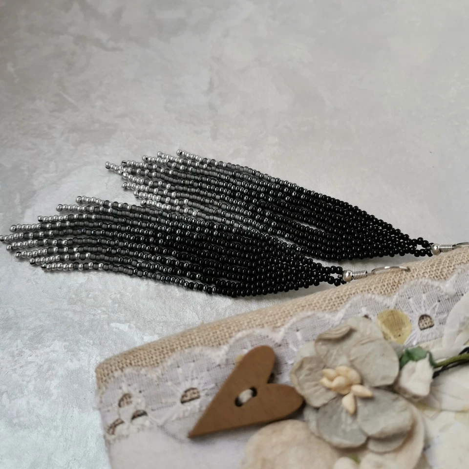 Negro Gris Plata Semilla Larga Flecos Pendientes Boho Cuelga Cuentas Joyería Regalo Foto 4 de 4