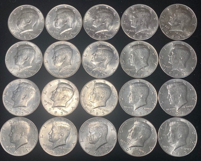 1983-D Kennedy Half Dollars Roll Uncirculated. All 20 coins included.